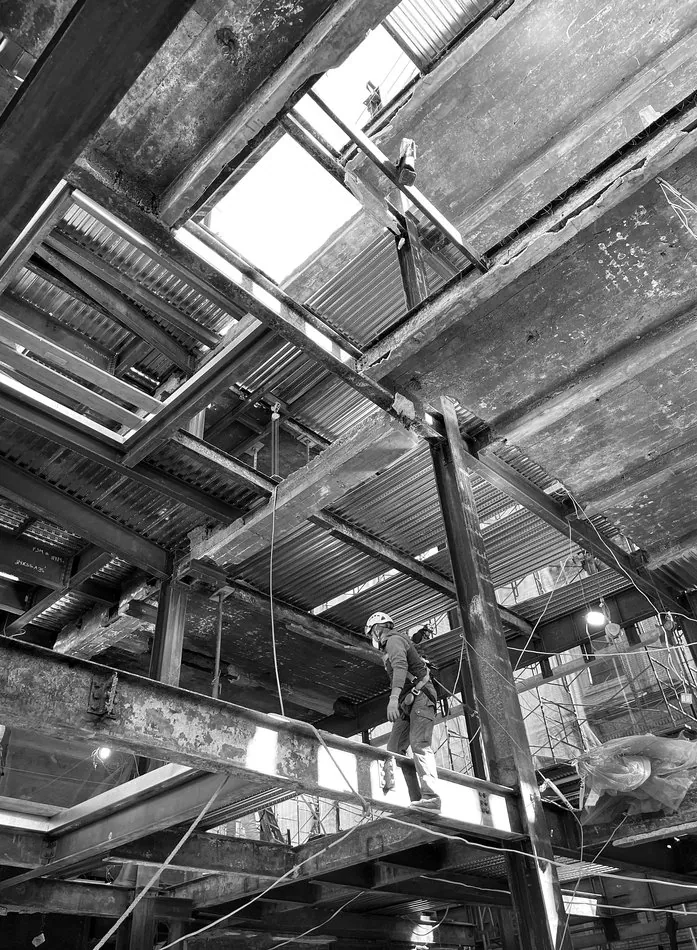 Steel framing and skylight during a structural renovation