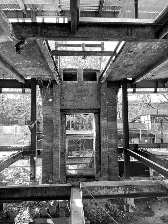 Steel framing exposed during a building demolition and rebuild